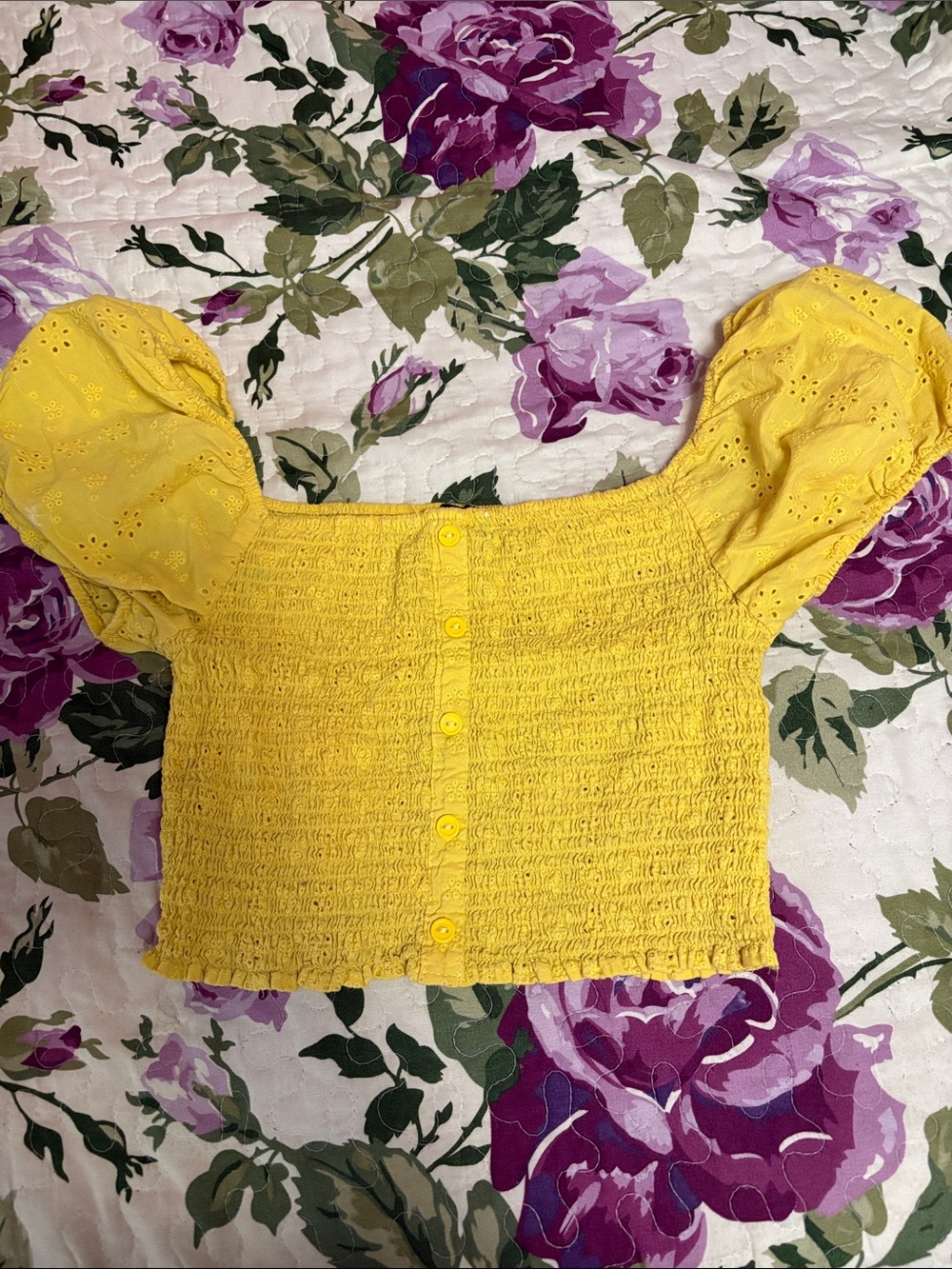 Ambiance Yellow Smocked Puff-Sleeve Crop Top